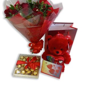 24 Red Roses, Box Ferrero Rocher and Teddy Bear