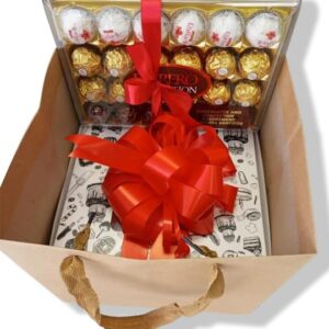 Velvet/Chocolate Cake with a Box of Mixed Chocolates in a Gift Bag