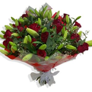 Lilies and Red Roses in a Bunch in Cellophane