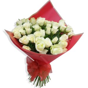 White Roses in a Bunch Wrapped in Cellophane
